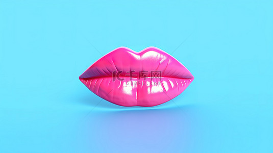 口红模特卡通背景图片_3d 渲染的蓝色背景上的粉色口红吻双色调风格