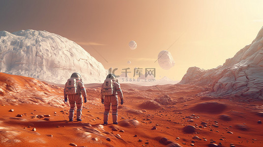 宇航员在高科技航天器 3D 渲染中穿越超凡脱俗的风景