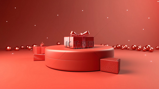 圣诞快乐背景上的喜庆红色礼盒 3D 渲染底座，用于促销和产品展示