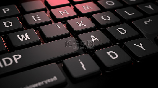 商业和技术概念背景，带有黑色键盘和 3D 渲染中的“立即应用”键