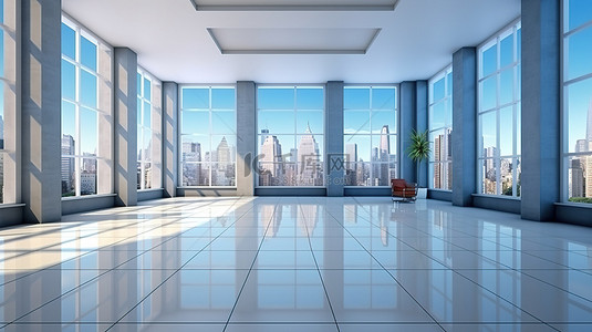 早晨明亮宽敞的办公大厅设有巨大的格子窗，通过 3D 渲染可欣赏令人惊叹的大都市城市景观