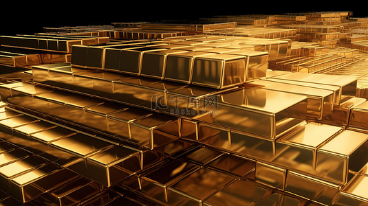 大量闪亮的金条堆放在储物柜中，特写 3D 渲染