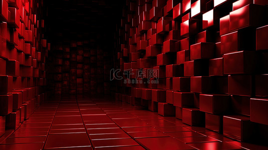 深红色立方体在渲染中组装形成 3d 墙