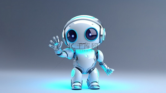 手举起背景图片_卡通手举起可爱的人工智能机器人在 3D 渲染