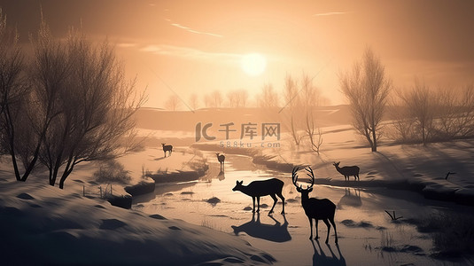 圣诞剪影背景图片_令人惊叹的 3D 冬季仙境中的鹿剪影