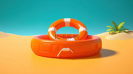 漂浮在令人惊叹的橙色海滩背景上方的救生圈的 3D 渲染，非常适合夏季救援概念