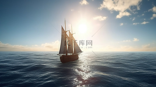 一艘船在晴朗的天空下在海上航行的 3d 渲染