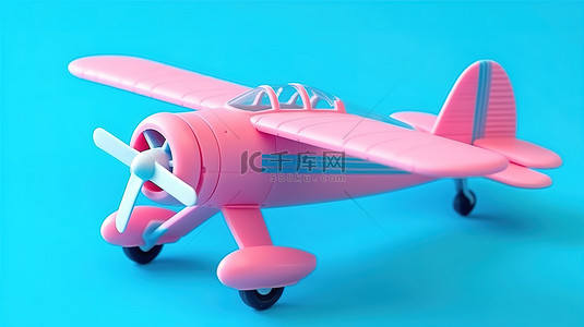 以双色调 3D 渲染呈现蓝色背景的儿童粉色塑料双翼飞机玩具的模型