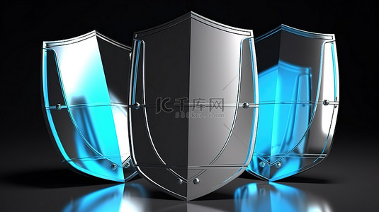 银蓝色包钢防护罩图标的 3D 渲染，强调安全概念