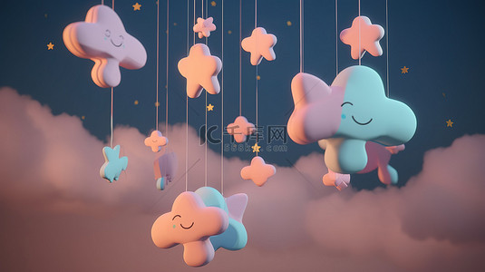 卡通闪烁的星背景图片_夜空与柔和的云彩和悬挂的星星在 3d 渲染