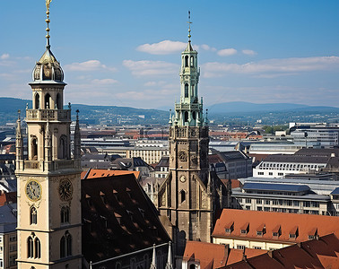 慕尼黑惨案背景图片_一座华丽的塔楼和空中的建筑物俯瞰中间的城市