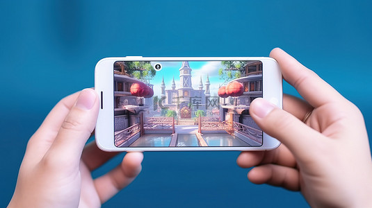 水平游戏风格手持白色智能手机 3D 渲染