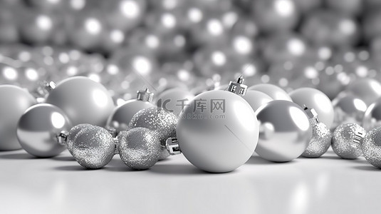 新年假期背景图片_白色背景上闪闪发光的银色球体和散景，精致的 3D 冬季假期插画，风格动态