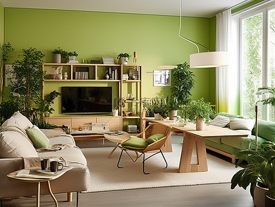 盆栽绿色背景图片_电视上的绿色客厅装饰理念