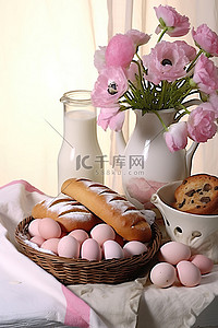 牛奶鸡蛋面包背景图片_一篮子牛奶鸡蛋面包和饼干