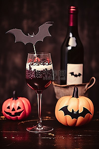 葡萄酒。酒杯背景图片_木桌上放着酒杯和纸杯蛋糕，上面放着蝙蝠