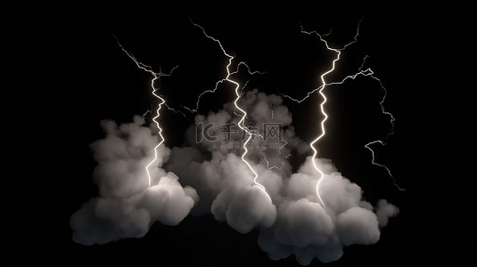 雨天自然背景图片_天气预报图标和闪电装饰的云彩在黑色孤立的背景上以 3D 渲染