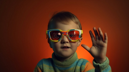 一个戴着 3D 儿童眼镜的快乐的孩子高兴地侧身表示