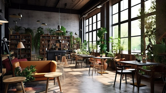 舒适的咖啡店或带有艺术空间的起居空间的 3D 渲染