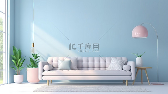 浅蓝色沙发背景图片_现代浅蓝色沙发在柔和的客厅 3D 渲染