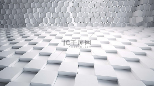 白几何科技背景图片_六边形蜂窝具有表面六边形图案的白色几何抽象背景的 3D 插图