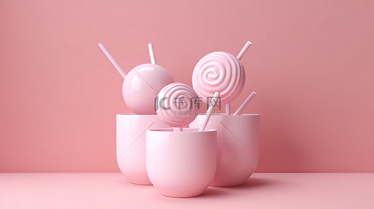 白色陶瓷锅，在柔和的粉红色背景 3d 渲染图像上装满粉红色棒棒糖