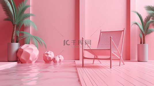 海滩简约背景图片_粉红色室内背景上沙滩椅和泳池的简约夏季场景 3D 渲染