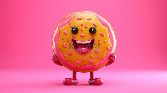 吃黄色背景图片_在充满活力的黄色背景上挥舞草莓粉色釉面甜甜圈吉祥物的篮球的 3D 渲染