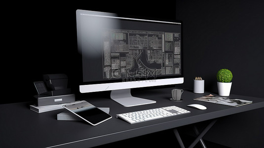 3d 渲染办公桌上的现代计算机显示器模型