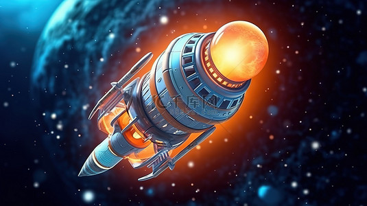 卡通卫星背景图片_卡通风格 3D 渲染的一艘宇宙飞船发射到太空探索一个具有行星发现概念的新星系