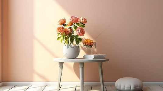 墙壁花卉背景图片_装饰房间 3D 渲染中边桌上的令人惊叹的花卉布置