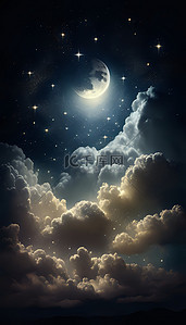 背景夜晚天空背景图片_星云蓝色月亮星星闪烁背景