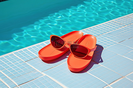 明亮的游泳池里的红色太阳镜和橙色人字拖