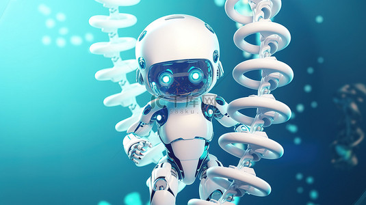3D 渲染的可爱机器人展示带有 DNA 螺旋的医疗技术