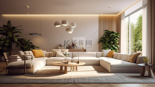 明亮的居家背景图片_优雅的现代客厅，配有明亮的灯光和 3D 渲染插图
