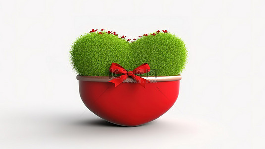 爱情绿背景图片_白色背景花盆中红丝带绑绿草心的 3D 渲染