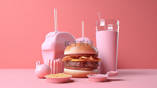 美式早餐的简约 3D 插图，在粉红色背景上呈现汉堡和苏打水