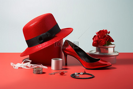 红色帽子高跟鞋和其他小配饰