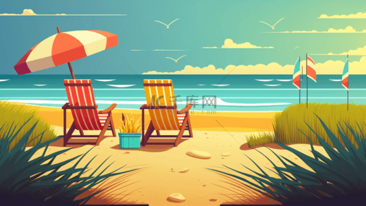 夏天宁静海边落日沙滩椅
