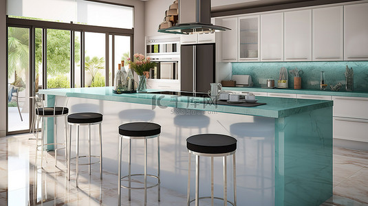 厨房岛的 3D 渲染，配有海蓝宝石吧凳和优雅的大理石台面