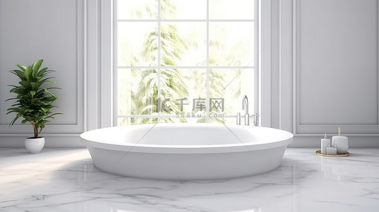 令人惊叹的空圆桌 3D 渲染，用于在白色陶瓷浴缸旁边展示美容产品