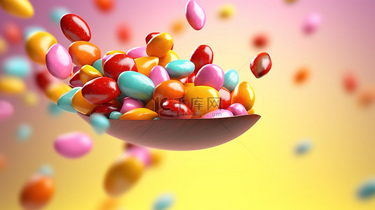 果冻豆形状飞行彩色糖果的 3d 插图