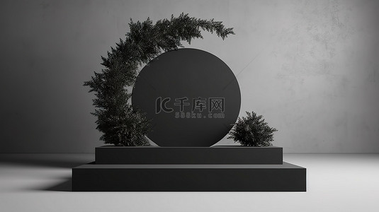 圆形置物架背景图片_黑色圆形植物架的时尚而简单的 3D 渲染