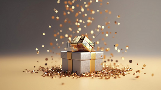 时尚简约的礼品盒，周围环绕着 3D 渲染的金色五彩纸屑
