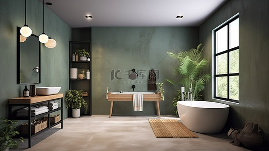 水泥桶背景图片_时尚的现代浴室，采用绿色和水泥设计，具有阁楼美感