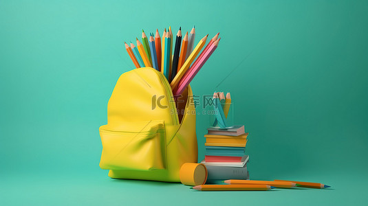 充满活力的学校用品 3d 黄色袋铅笔彩色铅笔和青色背景下的书籍