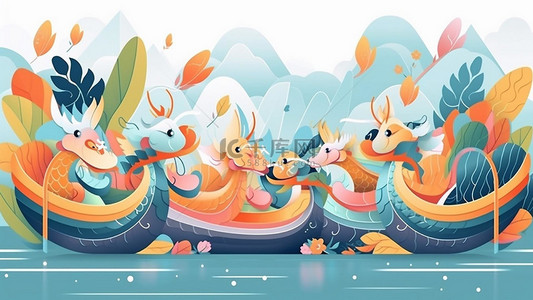 龙舟上的卡通粽子背景图片_端午节水上龙舟叶子