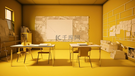 白板教室背景图片_带 3D 渲染白板的金墙教室
