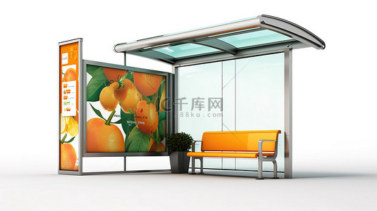 3D 渲染的公交车站广告，以白色背景隔离的香味为特色