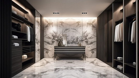现代浴室的时尚 3D 渲染，配有优雅的大理石瓷砖和宽敞的步入式衣橱